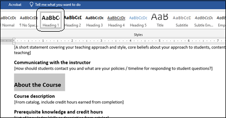 screen shot showing heading selected and heading 1 in styles on the microsoft word ribbon