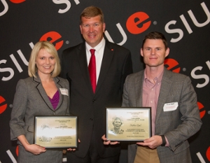 Kathie Opel (L), Jeffrey Waple, vice chancellor for student affairs at SIUE, and Chad Opel (R) at the Kimmel Leadership Awards Ceremony.