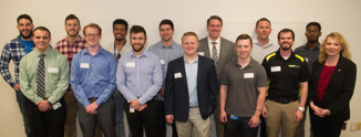 (Back L-R)Andrew Steinberg, Joe Randazzo, Forrest Knight, William Couri, Clayton Paulsmeyer, Darren Roback, Hailu Balla; (Front L-R) Peter Clemens, Jesse Hansen, Josh Borwey, Adam Arras, James Nippert, Michael Ealy and Dr. Andrea Hester, assistant professor in the Department of Computer Management and Information Systems in the SIUE School of Business.