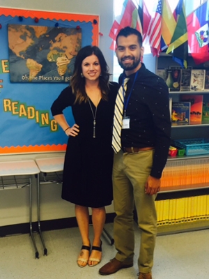 Crystal Frizzell Heimback poses with fellow Teach for America corps member Diego Zecena, at their school in Brooklyn, New York.