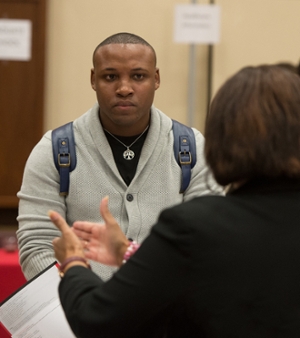 Nathan Brown Jr., of Chicago, inquired about the college student personnel administration program during the SIUE Graduate School Open House.