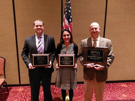 (L-R) SIUE School of Pharmacy student and IPhA scholarship recipient Scott Sexton, Educator of the Year Sneha Baxi-Srivastava, and Pharmacist of the Year Chris Herndon, PharmD, associate professor in the Department of Pharmacy Practice in the SIUE School of Pharmacy.
