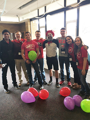 SIUE student attendees at the Illinois Residence Hall Association conference included (L-R) Kenneth Tolliver, Sean Whitmore, Wayne Sherland, Eric Arnold, Dr. Suess’s Cat in the Hat, Alex Orban, Christine St. Louis, Alexandra Smith.