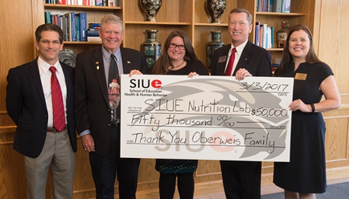 Curt Lox, PhD, dean of the SIUE School of Education, Health and Human Behavior, Senator Jim Oberweis, Trish Oberweis, PhD, professor of criminal justice studies at SIUE, Rich Walker, interim vice chancellor for administration, and Rachel Stack, vice chancellor for University Advancement and CEO of the University Foundation.
