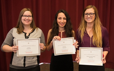 Winners of the scholarly activity SLAM were (L-R) Melissa Beyer (first place), Anahid Omran (second place), and Molly McCready (people’s choice).