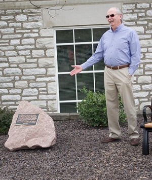 Dr. David Jenkins expresses his appreciation for the dedicated landscape features in his name during a surprise ceremony held Tuesday, April 11.