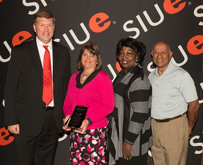 (L-R) SIUE Vice Chancellor for Student Affairs Jeffrey Waple, Lora Miles, and former vice chancellors for student affairs Connie Rockingham and Nobby Emmanuel.
