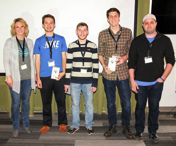 (L-R) Kim Rakers, of AT&T, with first place winners and “Photo Code” creators Thomas Lynch, Daniel Harding and Eli Ball, along with SIUE alumnus Steve Wilkerson, of AT&T.