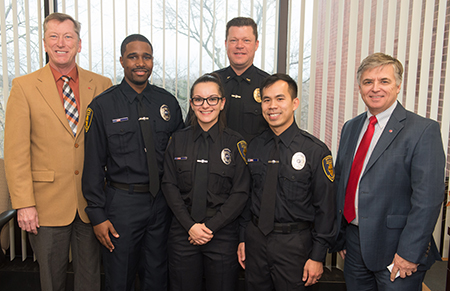(L-R) SIUE Vice Chancellor for Administration Rich Walker, Kasey Hoyd, Lindsey Rice, Police Chief Kevin Schmoll, Xac Vo and Chancellor Randy Pembrook.