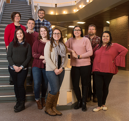 SIUE's Dr. Sarah Conoyer (far left) stands with student researchers (L-R) Shelbi Simmons, Brenden Shelton, Tyler Simpson, Jennifer Robbins, DeAnna Scully, Nicole Ties, Bradley Peradotto and Gabrille Ellis.