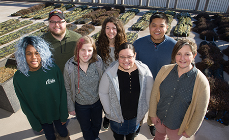 SIUE's Dr. Jessica DeSpain (far right) stands with students who are helping make the Market on Wheels come to fruition in her literature and sustainability course. (L-R) Kenyatta Simpson, Zack Gondek, Lydia Friz, Olivia Russell, Luz Martinez and Steven Shouldis.