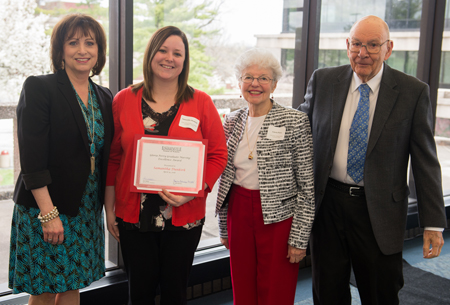 (L-R) SIUE School of Nursing Dean Laura Bernaix stands with Samantha Dunkirk, recipient of the inaugural Gloria Perry Graduate Nursing Excellence Award, and Gloria and Al Perry.