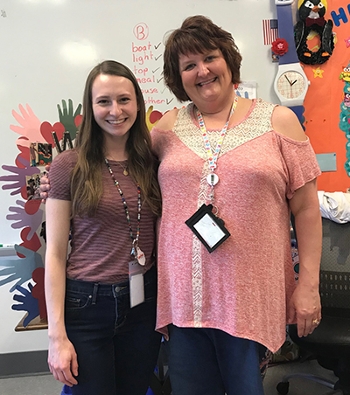 SIUE special education graduate Kathryn Skaer stands alongside her cooperating teacher Amy Croxford of East Elementary in Alton.