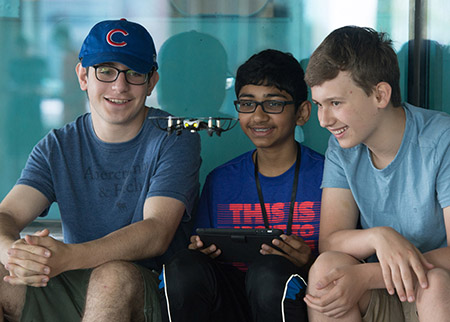 Programming a drone during SIUE’s Engineering Camp are (L-R) Phil Gokhman, of Chicago, Ishan Shah, of Chicago, and Orion Gregory, of Glen Carbon.