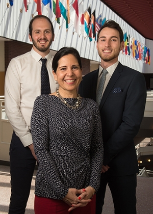 (L-R) SIUE May 2018 graduates Gabriele Fancelli and Pietro Beimer, of Italy, stand with Silvia Torres-Bowman, director of the International Trade Center at SIUE.