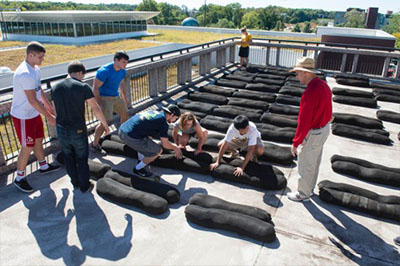 Under the direction of SIUE’s Bill Retzlaff (far right), students work on one of SIUE’s rooftop gardens.