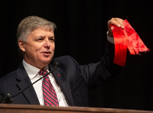 SIUE Chancellor Randy Pembrook with ribbons