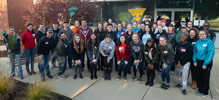SIUE School of Pharmacy students and the Pre Pharmacy Association gathered before spreading throughout the community to clean up the yards of senior citizens.