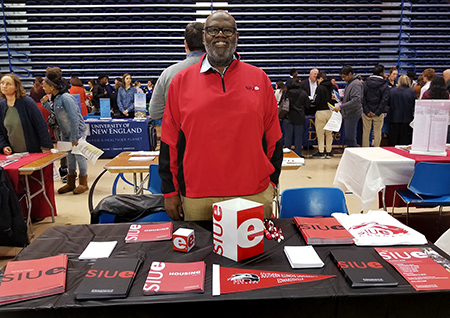 SIUE Alumni Recruitment Ambassador Michael Yancey represented the University at the New Castle County College Fair in Newark, Del.