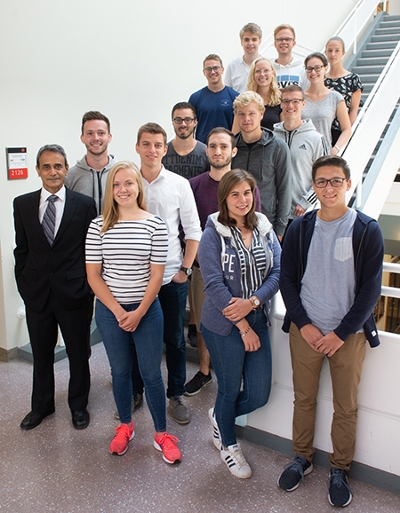 The SIUE School of Business is hosting 15 German students from Hochschule Hannover for its annual Summer Financial Institute. Alongside the participants (front left) is SIUE’s Dr. Rakesh Bharati.