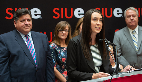 SIUE Student Trustee Mackenzie Rogers expressed her appreciation for House Bill 2239, which designates both elected SIU System student trustees to be full voting members of the board.