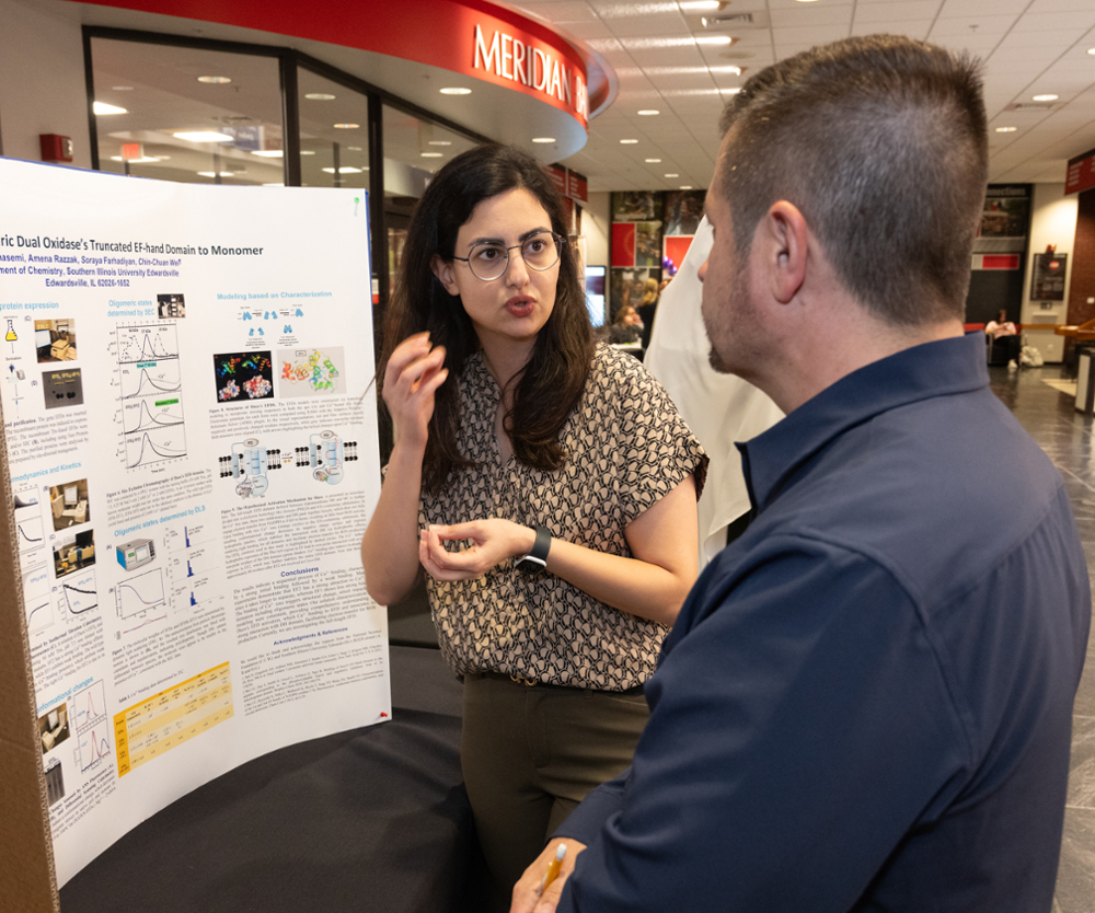 Hadis Ghasemi, MS Chemistry student and former recipient of an RGGS award, presents her research at the Graduate School Spring Research Symposium.