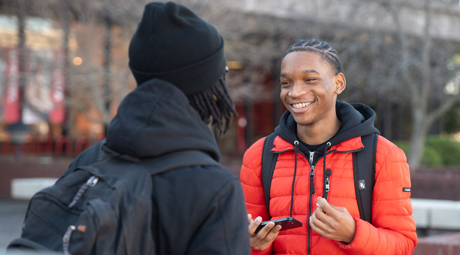 SIUE students talked on the Stratton Quadrangle.