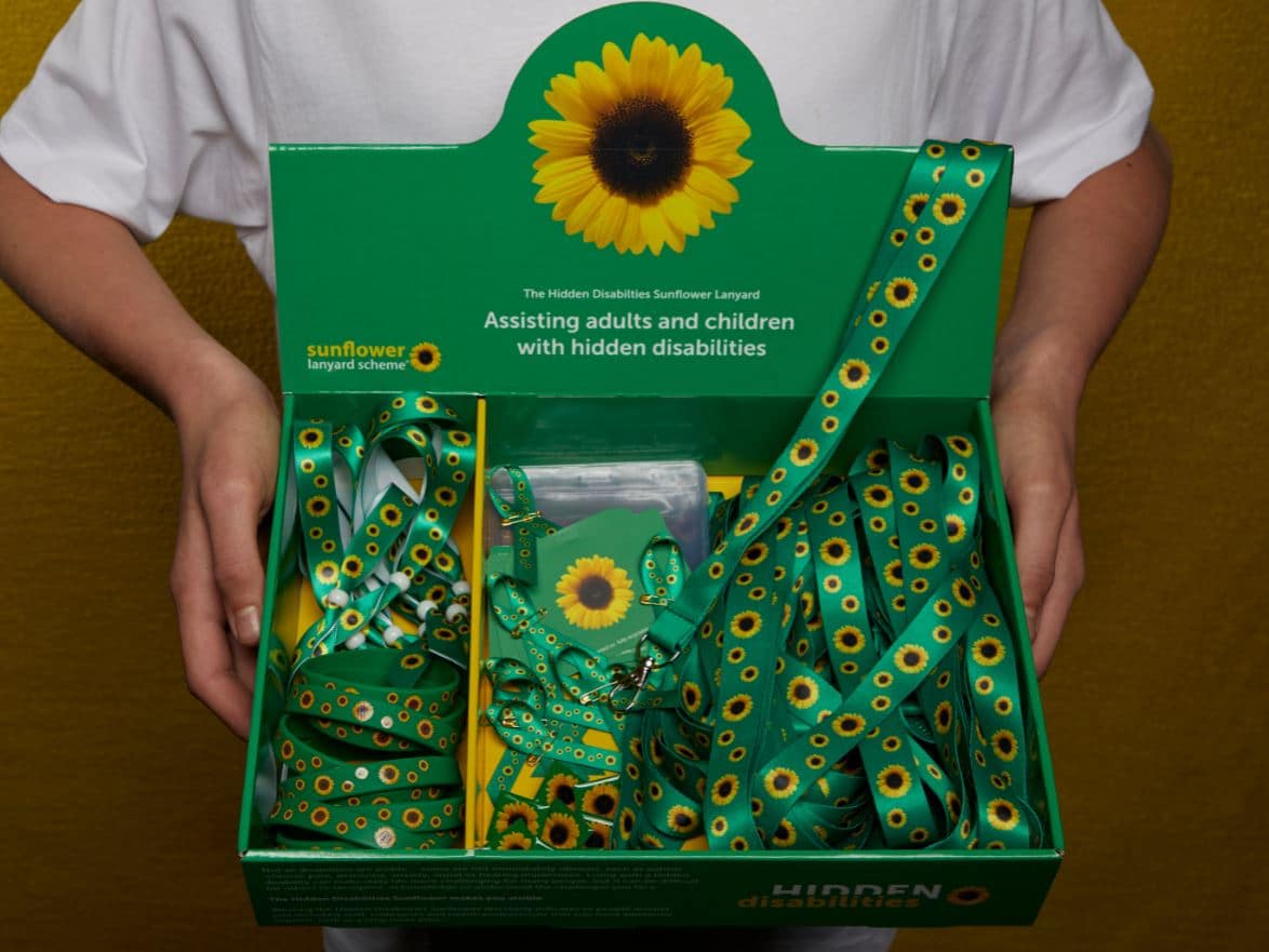 Hidden Disabilities Sunflower Product Box with lanyards, bracelets and lapel pins