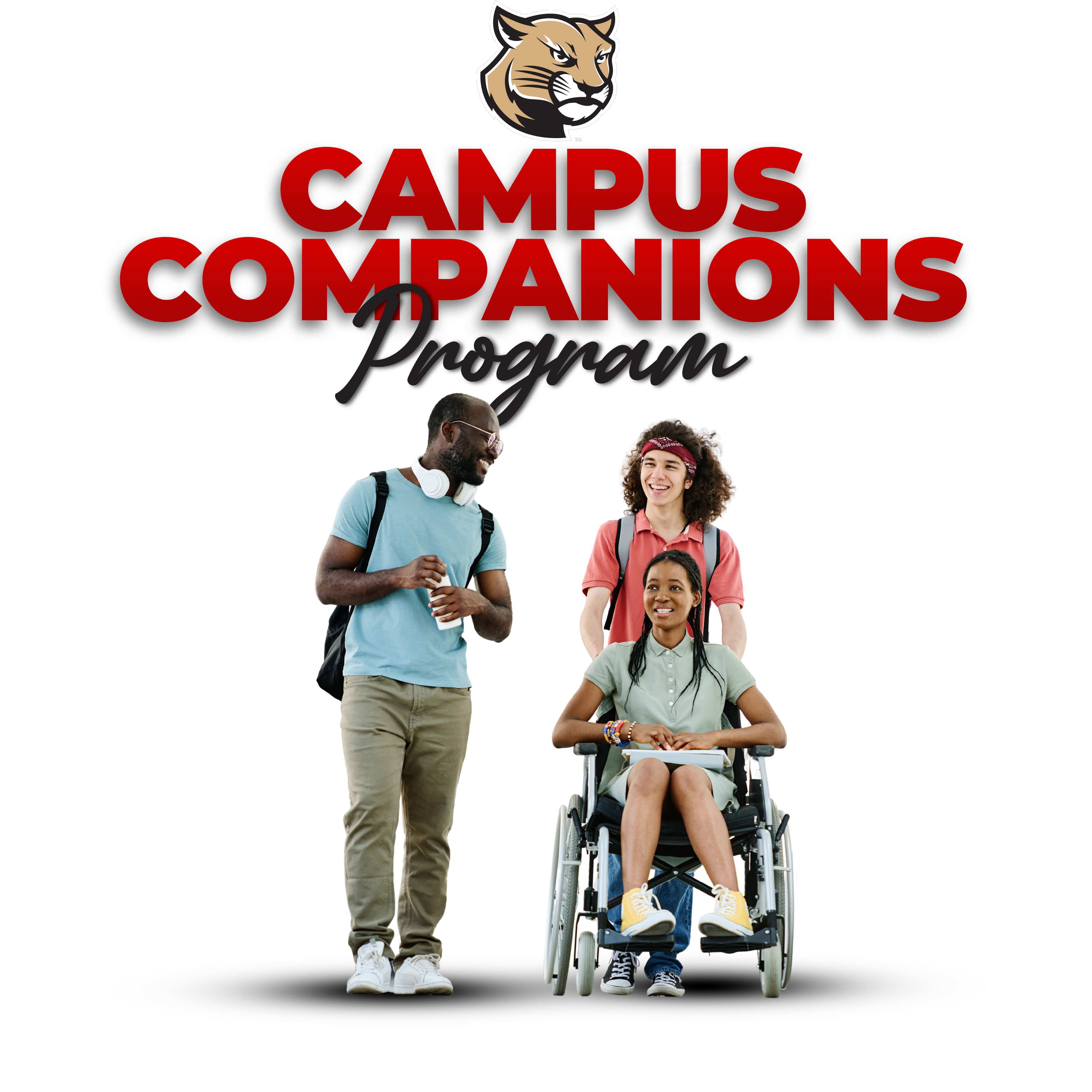 Campus Companion Graphic featuring three students talking, one in a wheelchair being pushed