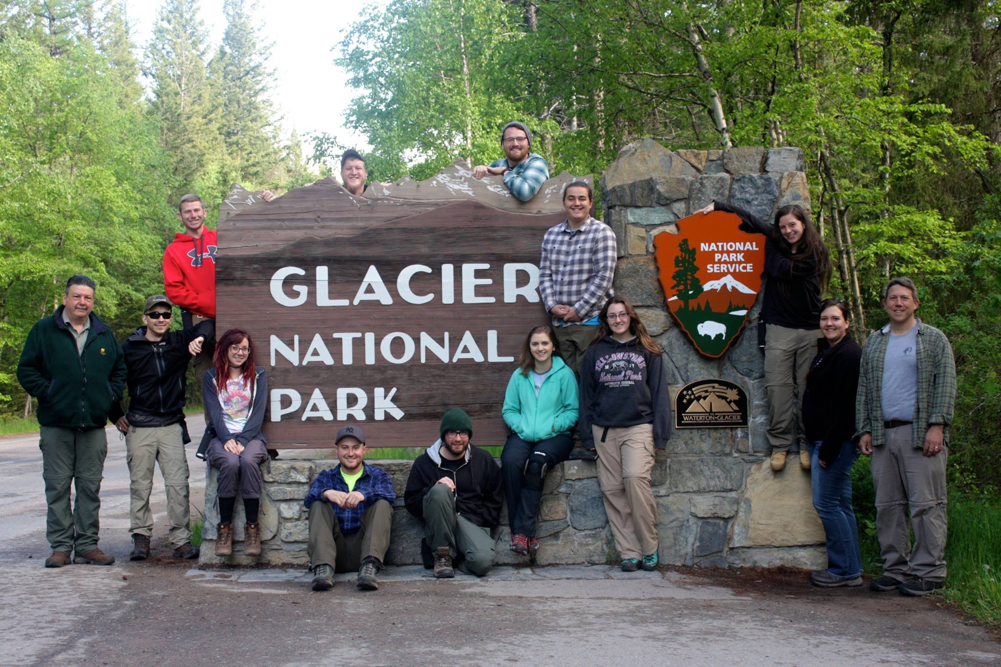 Travel study 2016 group at entrance to Glacier NP