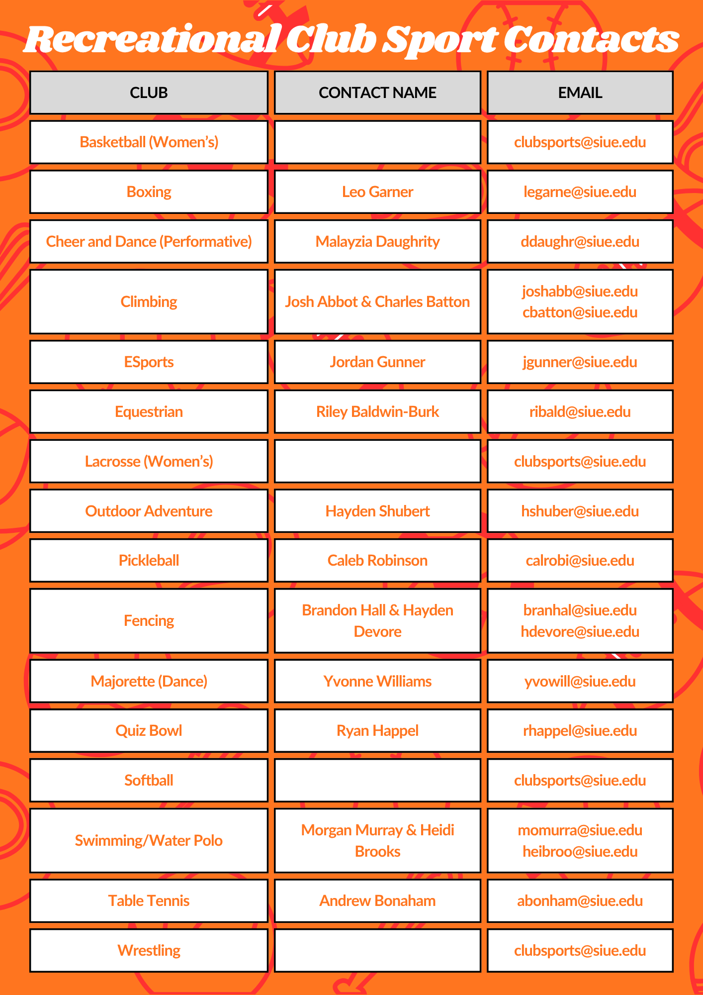 Recreational Club Sports Contacts