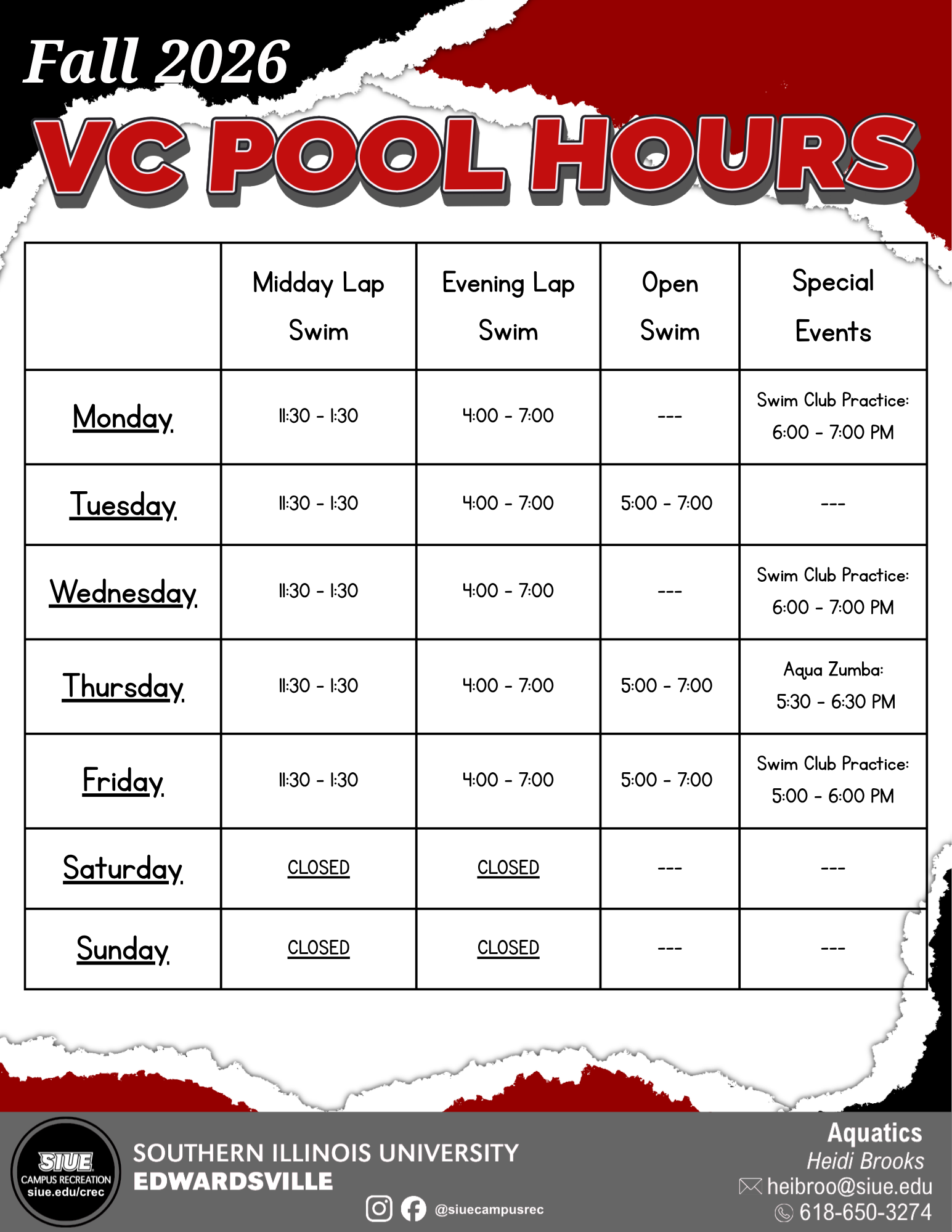 VC Pool Fall 2026 Hours