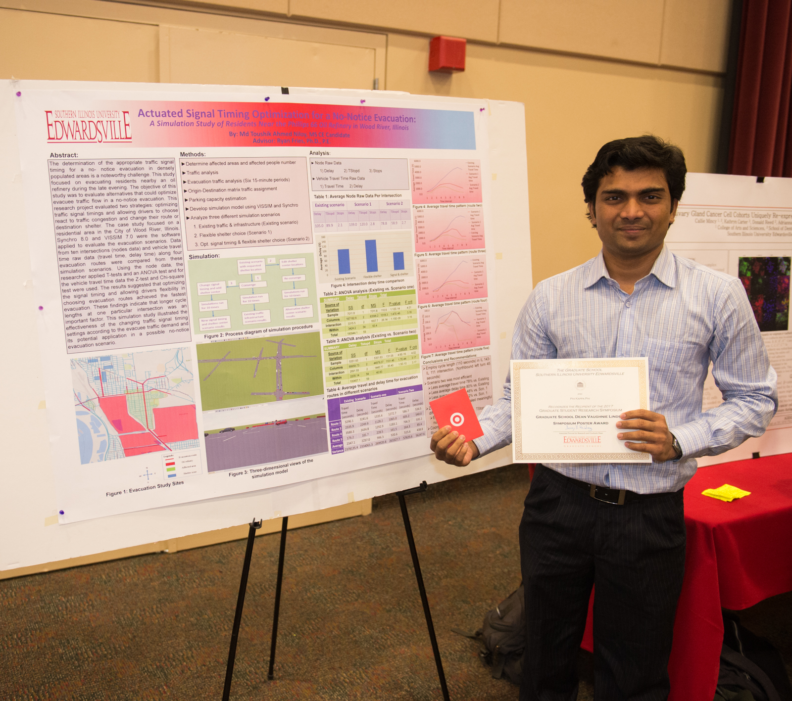 Photo of Md Toushik Ahmed Niloy with his award winning poster at 2017 Graduate Student Symposium.