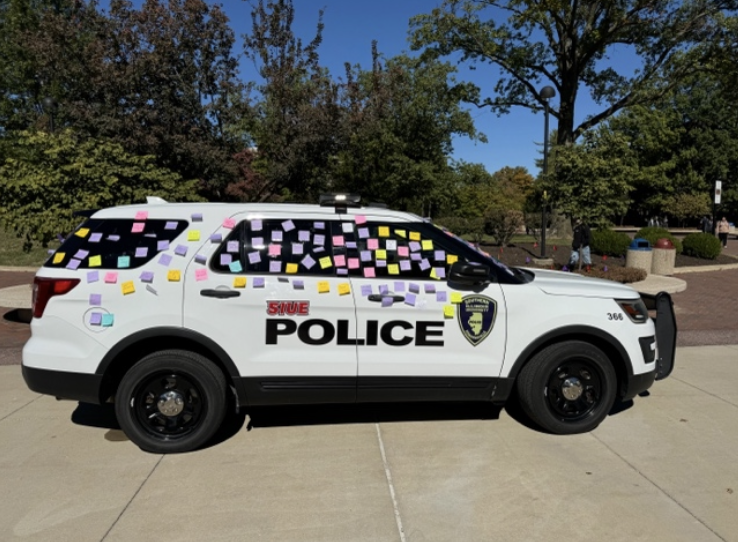 SIUE PD cruiser covered with post it notes