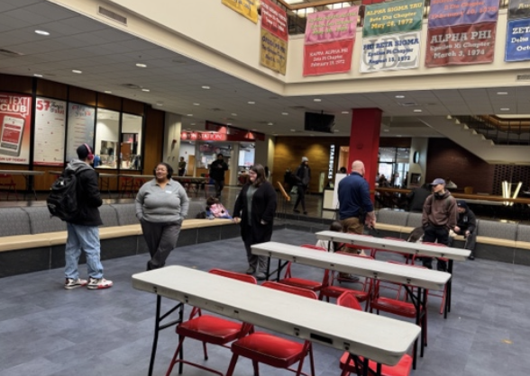 students chatting in the Goshen Lounge 