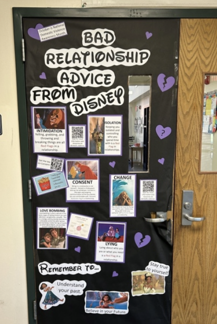 Door decorated with bad relationship advice from Disney