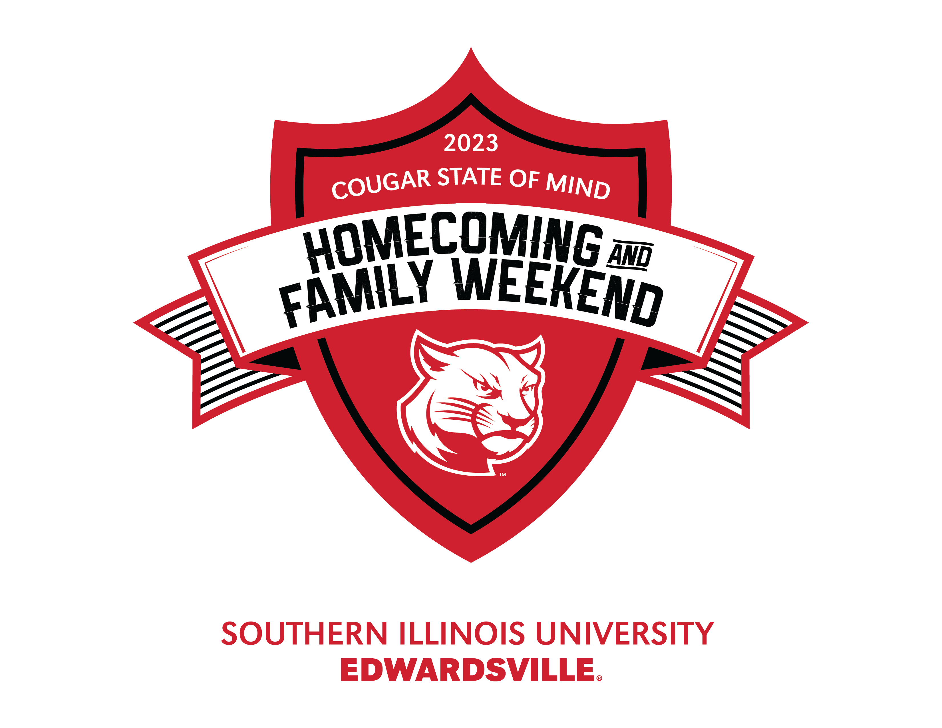 Cougar State of Mind: Homecoming and Family Weekend 2023. Southern llinois University Edwardsville. Cougar Logo.