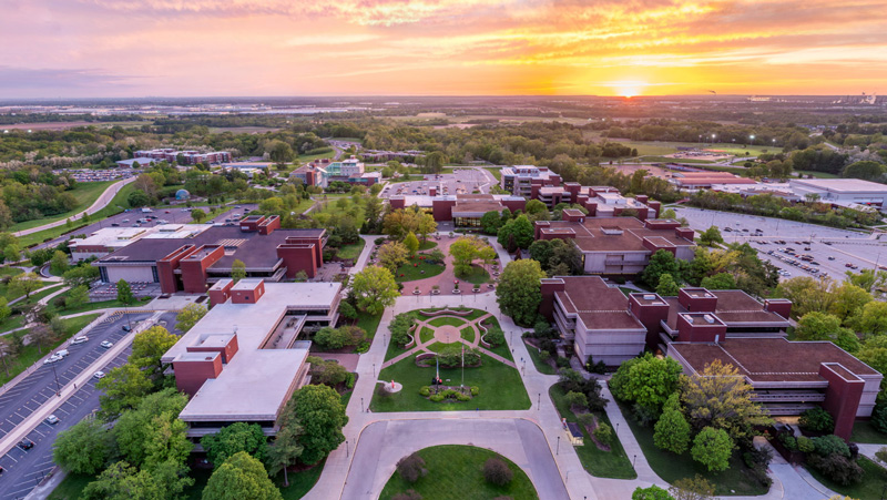 aerial view of campus at sunset