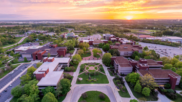 aerial view of campus at sunset
