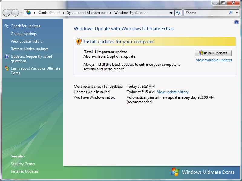 Installing system update. Windows update. Microsoft Ultimate Extras. Windows update restored. OPENMPT update.