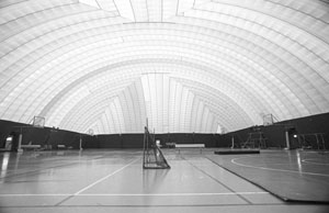 An interior view of the Bubble Gym, an air-supported structure.