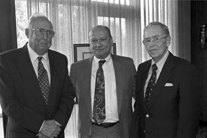 President Earl Lazerson honored SIUE's founding administrator, Dr. Harold W. See (left) and See's lieutenant, Dr. William Going (right) on May 19, 1992.