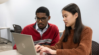 SIUE students working at a computer.