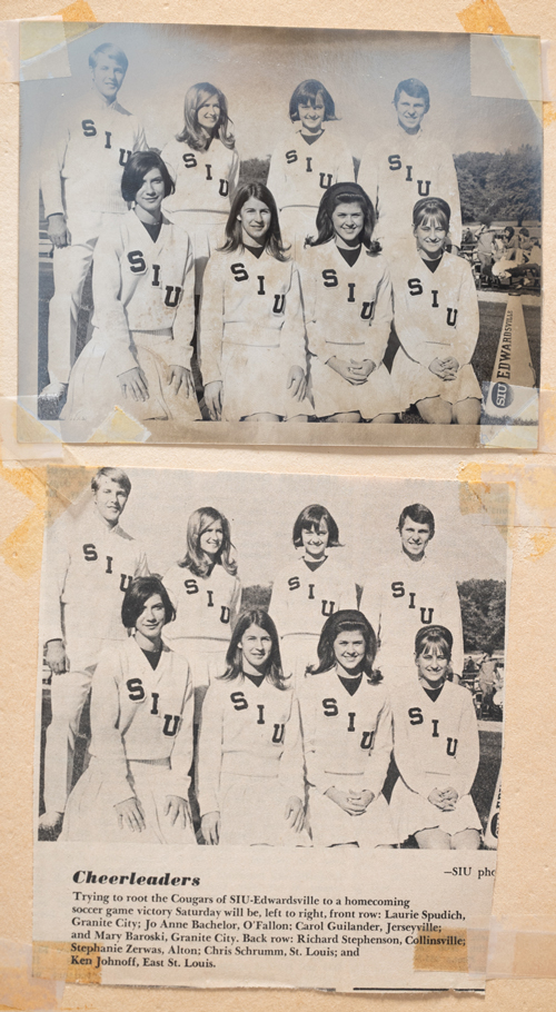Photos and newspaper photos of 1968-69 cheerleading team before homecoming soccer game_  fall of 1968