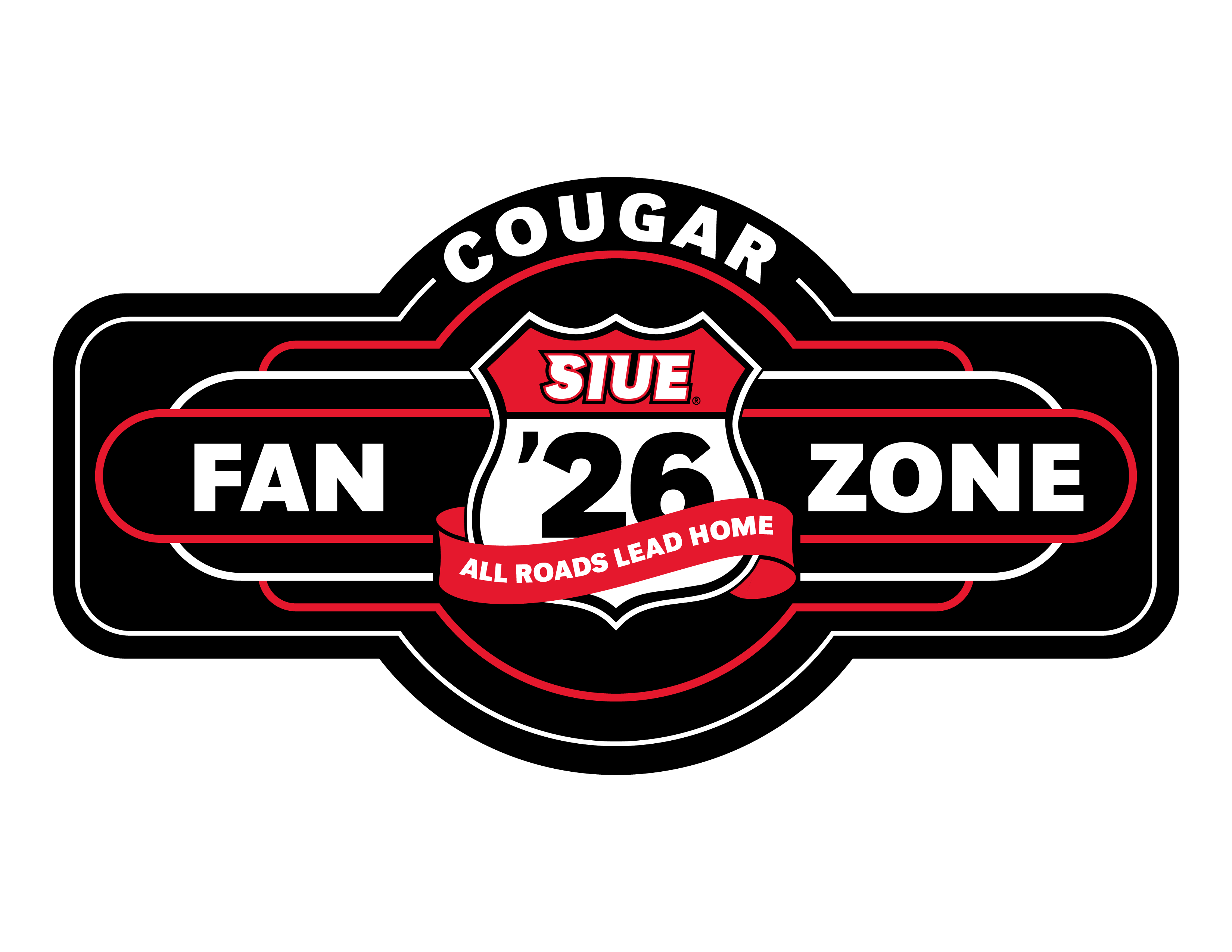 Cougar Fan Zone logo in red, black, and white, featuring the SIUE ’26 highway shield and “All Roads Lead Home” banner within a retro roadside-sign design.