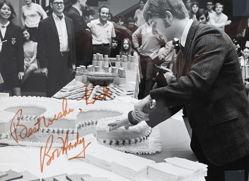 My cutting the birthday cake on the third anniversary of the University Center, with UC Director Bob Handy's signature - May, 1970 