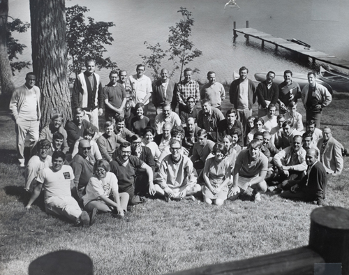 Group photo of attendees at Association of College Unions International Camp Mishawaka retreat_ 1969
