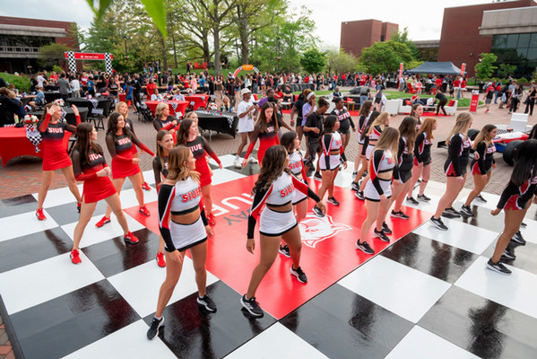 SIUE dance team performs on a checkered dance floor during the One Day One SIUE celebration.