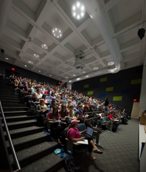 The renovated lecture hall in the Science Building on SIUE’s campus boasts more seating, Wi-Fi and other aesthetic updates.