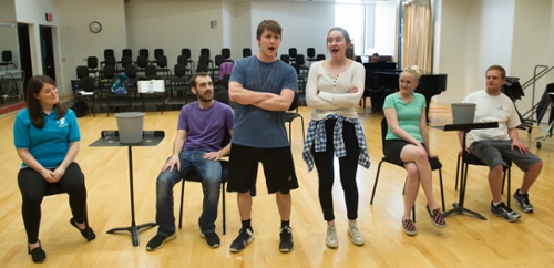 (L-R) Sarah Paitz, Brandon Jansen, Chase Lovelace, Zora Vredeveld, Mandy Furrow and David Fournie rehearse for SIUE’s production of I Do! I Do!
